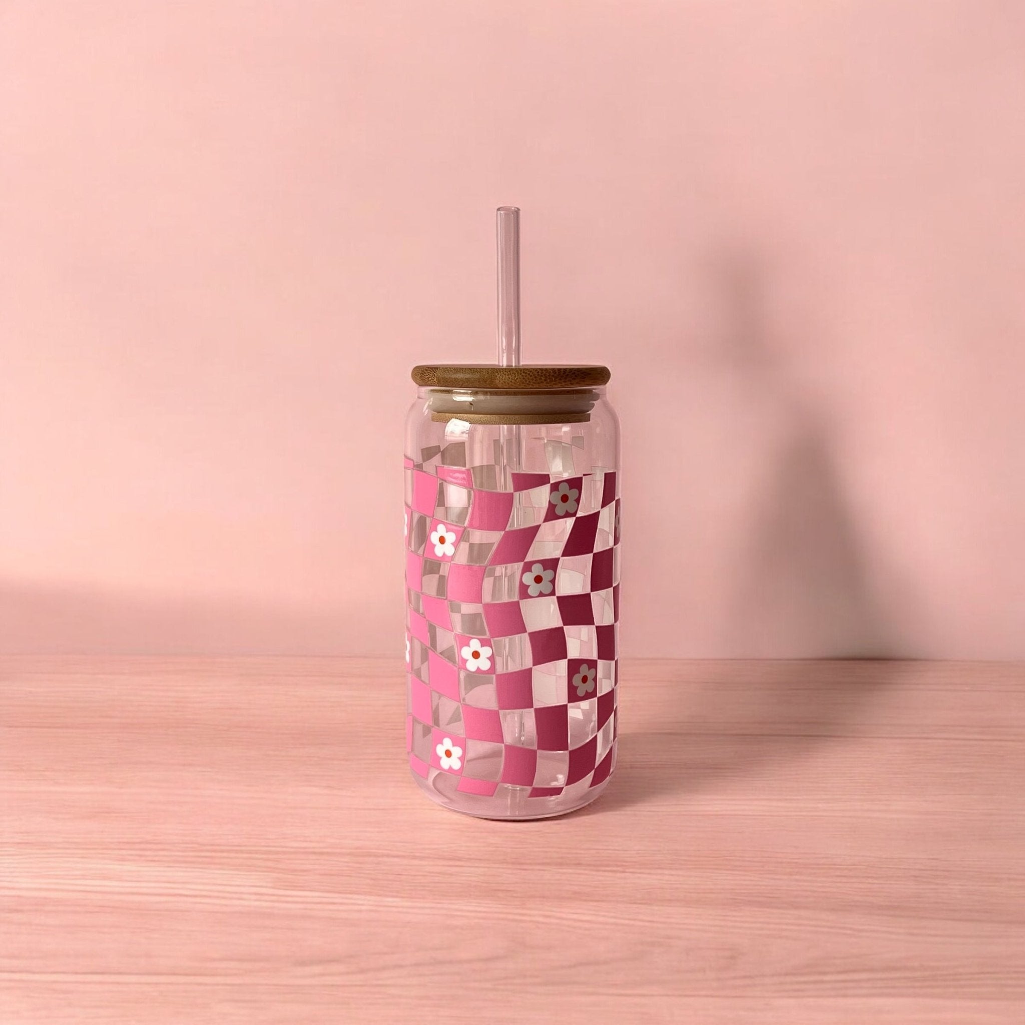 Vaso de cristal con pajita | Diseño cuadros - Caramel regalos
