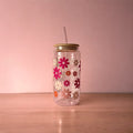 Vaso de cristal con pajita | Diseño flores variadas - Caramel regalos