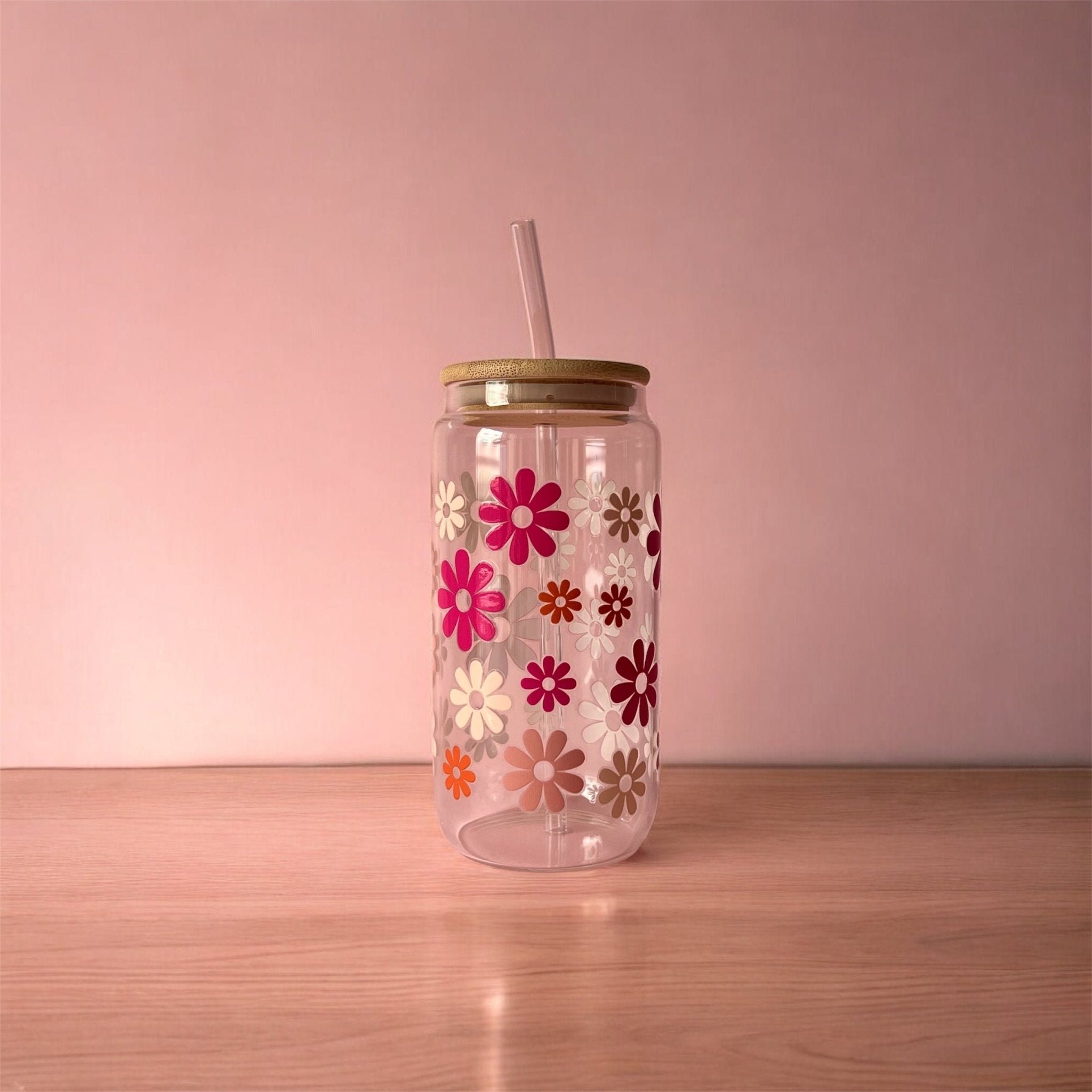 Vaso de cristal con pajita | Diseño flores variadas - Caramel regalos